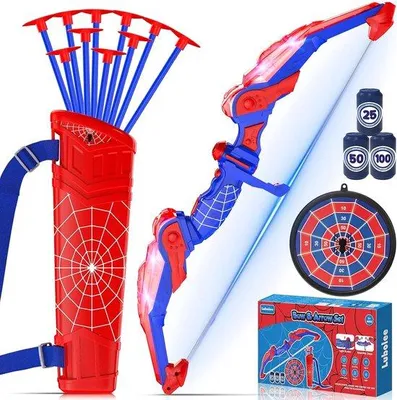 Produktbild von Bogen- und Pfeil-Set für Kinder mit LED-Beleuchtung, Outdoor-Spielzeug für Jungen im Alter von 3-12 Jahren, inklusive Bogen, Pfeilhalter, 10 Pfeilen, Zielscheibe zum Aufhängen und 3 Batterien