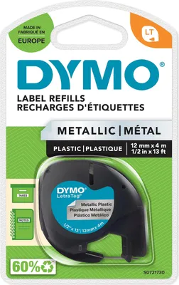 DYMO Original LetraTag Metallic Etikettenband | schwarz auf Metallic-Silber | 12 mm x 4 m | selbstklebendes Etiketten | für LetraTag-Beschriftungsgerät