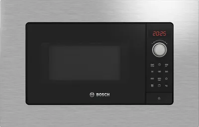 A built-in Bosch microwave oven with a stainless steel finish and a black glass door.