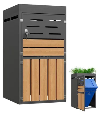 Produktbild von Multifunktionaler Gartenschrank mit Pflanzkasten, abschließbar, wetterfest, Metall, Lamellenbelüftung, Outdoor Stauraum für Garten, Terrasse, 66 cm