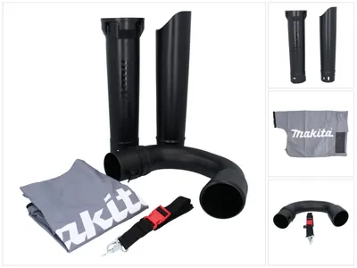 A collage of images showing parts of a Makita leaf blower vacuum attachment set.