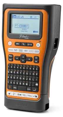 A close-up studio shot of a Brother P-Touch PT-E560BT label maker.