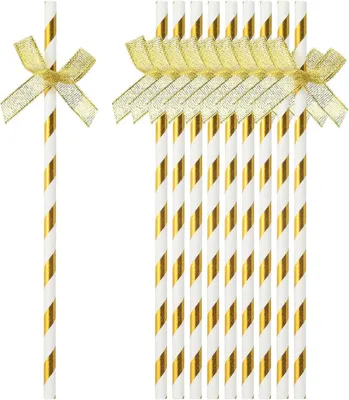 Produktbild von 40 Stück Papierstrohhalme mit Schleifenband, Trinkhalme für Hochzeiten und Geburtstagsfeiern, Gold