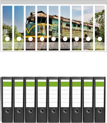 Produktbild von Wallario 9 Stück breite Ordner inkl. Klebeetiketten mit Motive Alte verrostete Lokomotive  auf einem Abstellgleis -  Set mit Rückenschildern / Ordnerrücken Stickern