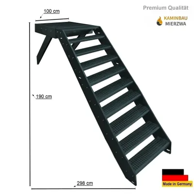 Zdjęcie produktu dla Schody stalowe z platformą, 10 stopni, wysokość 190 cm, platforma 100x100 cm, bez poręczy, kolor antracyt. Schody zewnętrzne, wejście od przodu (frontowe)