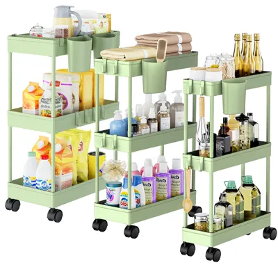 Image de Chariot de rangement à trois étages avec roulettes, peu encombrant, étroit, mobile, chariot multifonction minimaliste pour la salle de bains et la cuisine, vert