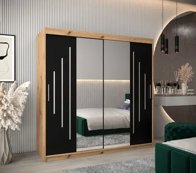 Produktbild von Kleiderschrank mit Spiegel SOFIA – Breite 200 cm, Eiche artisan / schwarz