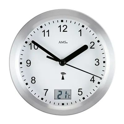 Produktbild von AMS 5923 Wanduhr Baduhr Badezimmeruhr Funk silbern wasserdicht mit Thermometer