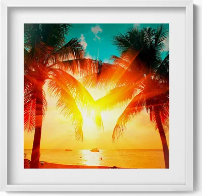 Produktbild von Urlaubsansicht - Palmen bei Sonnenuntergang– Wandbild mit Rahmen – Gerahmtes Bild  – Wanddekoration – 50x50 cm –  Weiß Rahmen