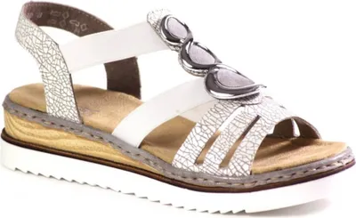 Produktbild von Rieker Sandalen aus Ökoleder Off-White Beige mit beigem Muster, flexiblen Gummibändern und dicker Sohle