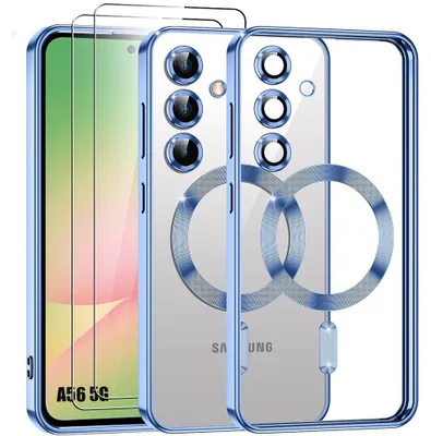 Image de Coque + 2 Verres Trempés pour Samsung Galaxy A56 5G, Protection avec Cercle Magnétique et Film Caméra - Bleu