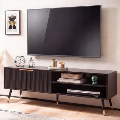 Produktbild von FineBuy Lowboard Schwarz mit Eiche-Nachbildung 150x51x39 cm TV-Kommode Modern TV-Schrank Hoch Fernsehtisch Fernsehschrank mit Türen & Ablagefächern
