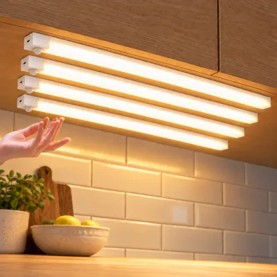 Produktbild von 4x LED Unterbauleuchte 10 cm mit Bewegungsmelder – LED Lichtleiste kabellos mit USB-Akku, Warmweiß 3000K, magnetisch, für Küche & Schrank – 4er-Set