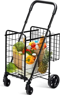 A black folding shopping trolley filled with groceries.
