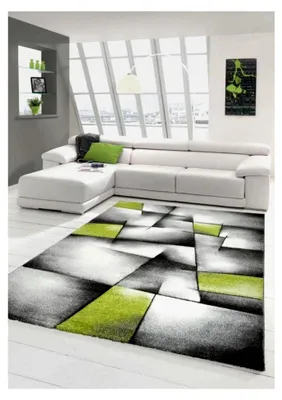 Produktbild von Designer Teppich - Moderner Kurzflor mit Konturenschnitt im Karomuster - Grün Grau Weiß Schwarz - Größe 160x230 cm