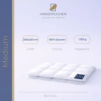 Produktbild von HANSKRUCHEN Royal Dauneneinziehdecke 200x220 cm Medium 100% Gänsedaunen waschbar Allergiker Daunendecke atmungsaktiv Kassettendecke weiß