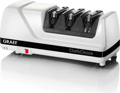 A white electric knife sharpener with multiple sharpening slots, a red power switch, and branding.