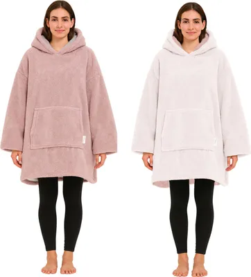 Produktbild von CalmyLIFE Hoodie Decke mit Ärmeln - Sherpa Wende Deckenpullover Oversize Kuscheldecke zum anziehen Kuschelponcho für Damen Herren XXL Poncho Blanket Pullover Altrose/Weiss