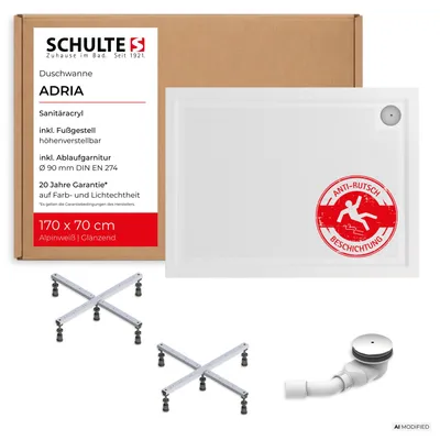 Produktbild von Schulte Duschwanne Adria 170x70 cm, inkl. Antirutsch-Beschichtung, Sanitäracryl Weiß, Set mit Fußgestell + Ablauf