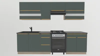 Produktbild von Küchenzeile 270 cm - Dunkelgrüne Küche - Mit Arbeitsplatte Dunkelbraun - Einbauküche mit Metallbox Schubladen - Goldene Griffe - GLAMOUR B PLUS
