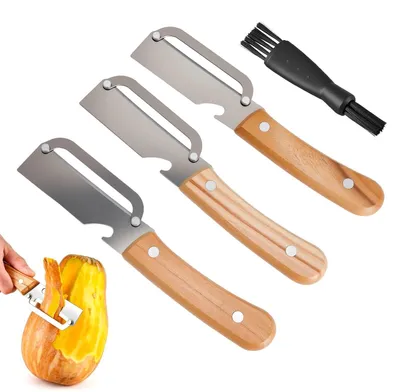 Produktbild von Gemüseschäler Set - 3-teilig aus Edelstahl mit Holzgriff - Sparschäler für Obst und Gemüse