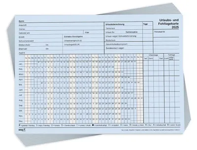 Produktbild von RNK 2901/25-10 Urlaubs- und Fehltagekarte mit Wochentage-Einteilung 2025, 210 x 148 mm, 10 Stück