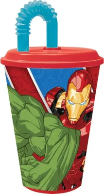Obrázok produktu pre Tataway Marvel červený a modrý plastový pohár pre deti, Avengers, Iron Man, Hulk, 430 ml, so slamkou a flexibilným viečkom