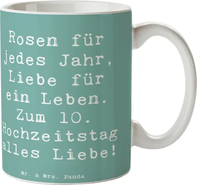 Produktbild von Mr. & Mrs. Panda Tasse Spruch 10. Hochzeitstag Rosenhochzeit - Meeresbrise - Geschenk, Liebe, haferl, Kaffeetasse, liebevolle Ehe, Kaffeebecher, Ehejubiläum, Heiraten