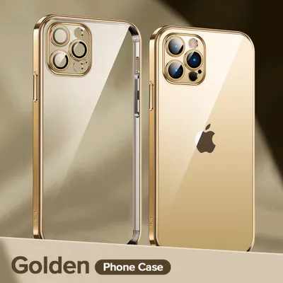 Two golden phone cases are displayed side-by-side against a gradient background.