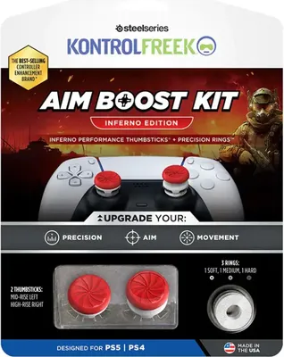 The image shows the packaging of a KontrolFreek Aim Boost Kit for PS5 and PS4 controllers.