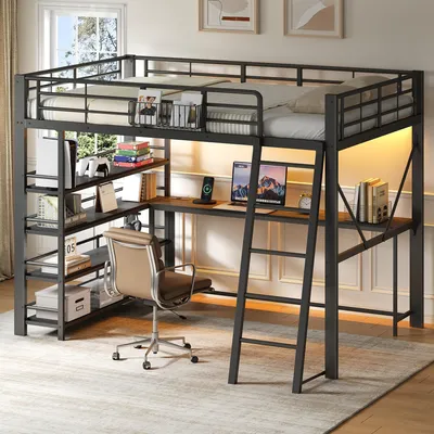 Produktbild von STILVORA Hochbett 140x200cm mit integriertem Schreibtisch, Metallbett mit Staufächern und Aufbewahrungskorb, Multifunktionsbett mit USB-Ladestation und LED-Beleuchtung, Schwarz