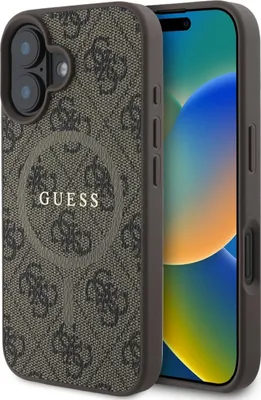 A close-up shot of an iPhone case with a patterned design and the Guess logo.