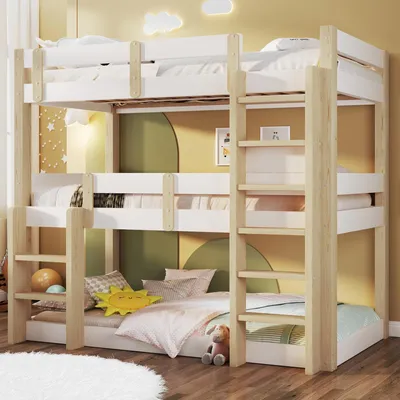 Image de Lit superposé Flieks 90 x 190 cm à trois niveaux, lit mezzanine avec sommier à lattes pour 3 enfants, lit simple pour enfant avec barrière de sécurité, lit en bois naturel