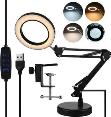 Obrázek produktu pro lupa 2 v 1 se světlem a stojanem, 10x LED lupa se svorkou a podstavcem, 3 barevné režimy, plynule stmívatelná, nastavitelné otočné rameno Čtecí lampa Lupy