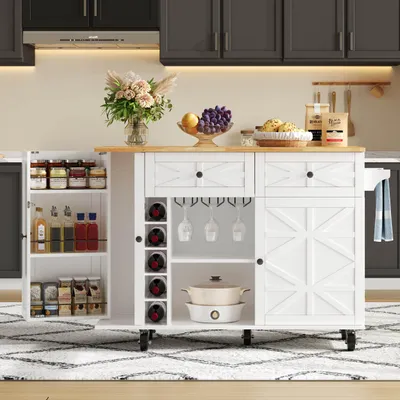A white kitchen island with a wooden countertop is shown in a kitchen setting.