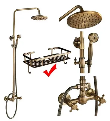 Immagine prodotto di Set doccia in ottone anticato - Miscelatore per vasca e doccia - Doccia a pioggia da 20 cm - Doccetta manuale - Miscelatore a due manopole - Altezza regolabile da 70 a 120 cm - Con ripiano portaoggetti