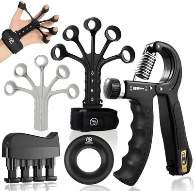 Produktbild von PolkaHome® Handtrainer- und Fingertrainer-Set – 5-teilig, verstellbar 5–60 kg, Silikon-Fingertrainer, Fingerpresse, Handgreifring, Schwarz