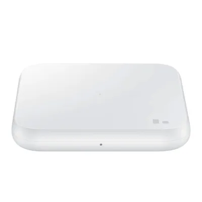 A white wireless charger pad is shown against a white background.