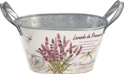Produktbild von Ovale Blumenschale Metall mit Griffen und nostalgischem Lavendelmotiv