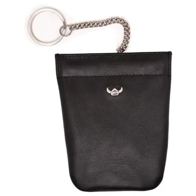A black leather coin purse with a chain and keyring attached.