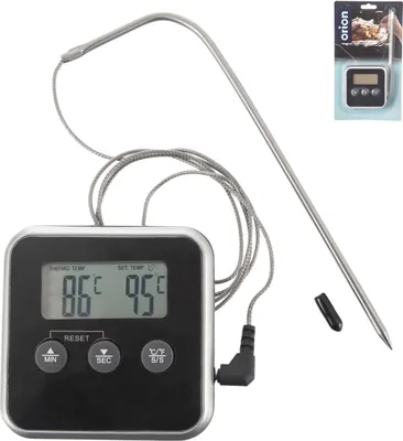 A digital kitchen thermometer with a probe and a display unit, shown against a white background. The packaging is visible in the top right corner.