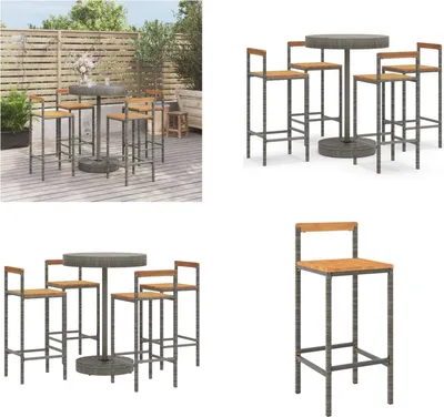 Produktbild von vidaXL 5 tlg. Gartenbar Set Grau Poly Rattan & Massivholz Akazie - Gartenbar Set - Gartenbar Sets - Garten Bar Set - Gartenbar