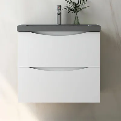 Produktbild von Badmöbel Set 60 cm Smiley Weiß Waschbecken Dunklegrau mit Unterschrank Hängeschrank Softclose