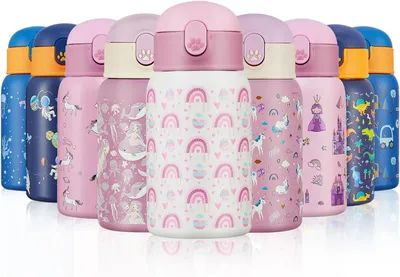 Image de Bouteille d'eau pour enfants avec paille, 400 ml, isotherme, sans BPA, idéale pour l'école et les loisirs