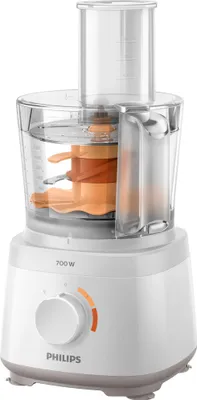 A white Philips food processor with orange attachments is shown against a white background.