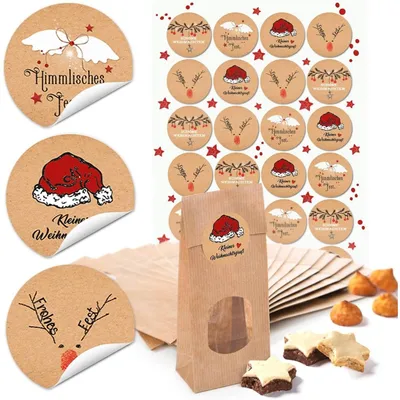 Produktbild von 10 braune Kekstüten Plätzchentüten MIT FENSTER Weihnachtstüten mit Boden (7 x 4 x 20,5 cm) + 24 runde Aufkleber 4 cm schwarz-rot-weiß Papiertüten Weihnachts-Verpackung10 Stück