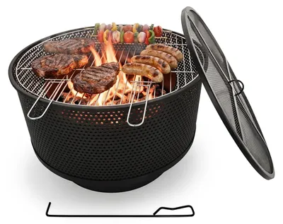 Immagine prodotto di Relaxdays Braciere, Ø 61 cm, con griglia, parascintille e attizzatoio, braciere da giardino 3 in 1, nero