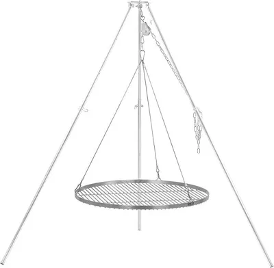 Imagen del producto de Barbacoa giratoria de tres patas con una superficie de cocción de 70 cm de diámetro | Rejilla de hierro galvanizado | Altura ajustable de 119 a 184 cm | Trípode para brasero, barbacoa giratoria sin brasero, barbacoa para jardín | Barbacoa giratoria