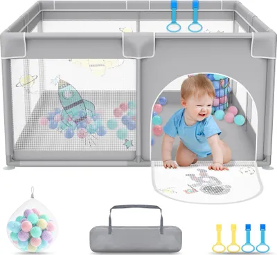 Zdjęcie produktu dla JOIEYOU Kojec dla dziecka Kojec dla dziecka 127x127cm Kojec dla dziecka z 50 piłkami do zabawy, 1 bramką do raczkowania i 4 pierścieniami do ciągnięcia Przenośny kojec dla dzieci Mały kojec, szary spaceman