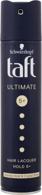 A dark blue can of hairspray with white and gold text and graphics.